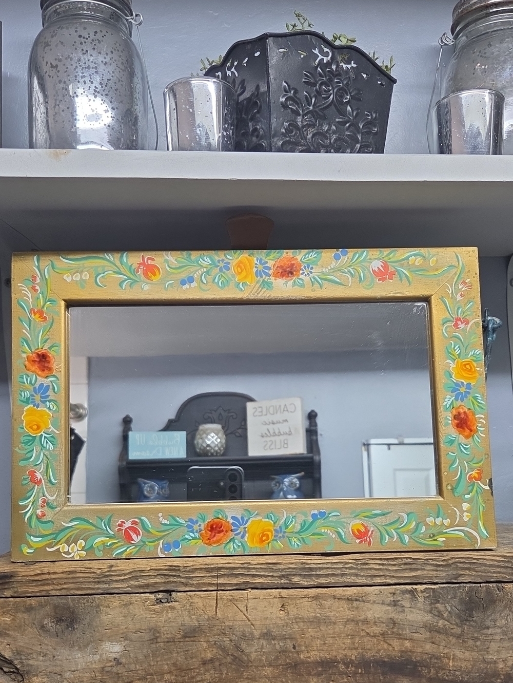 Vintage Hand Painted Folk Art Folding Vanity Mirror Rosemaling Style